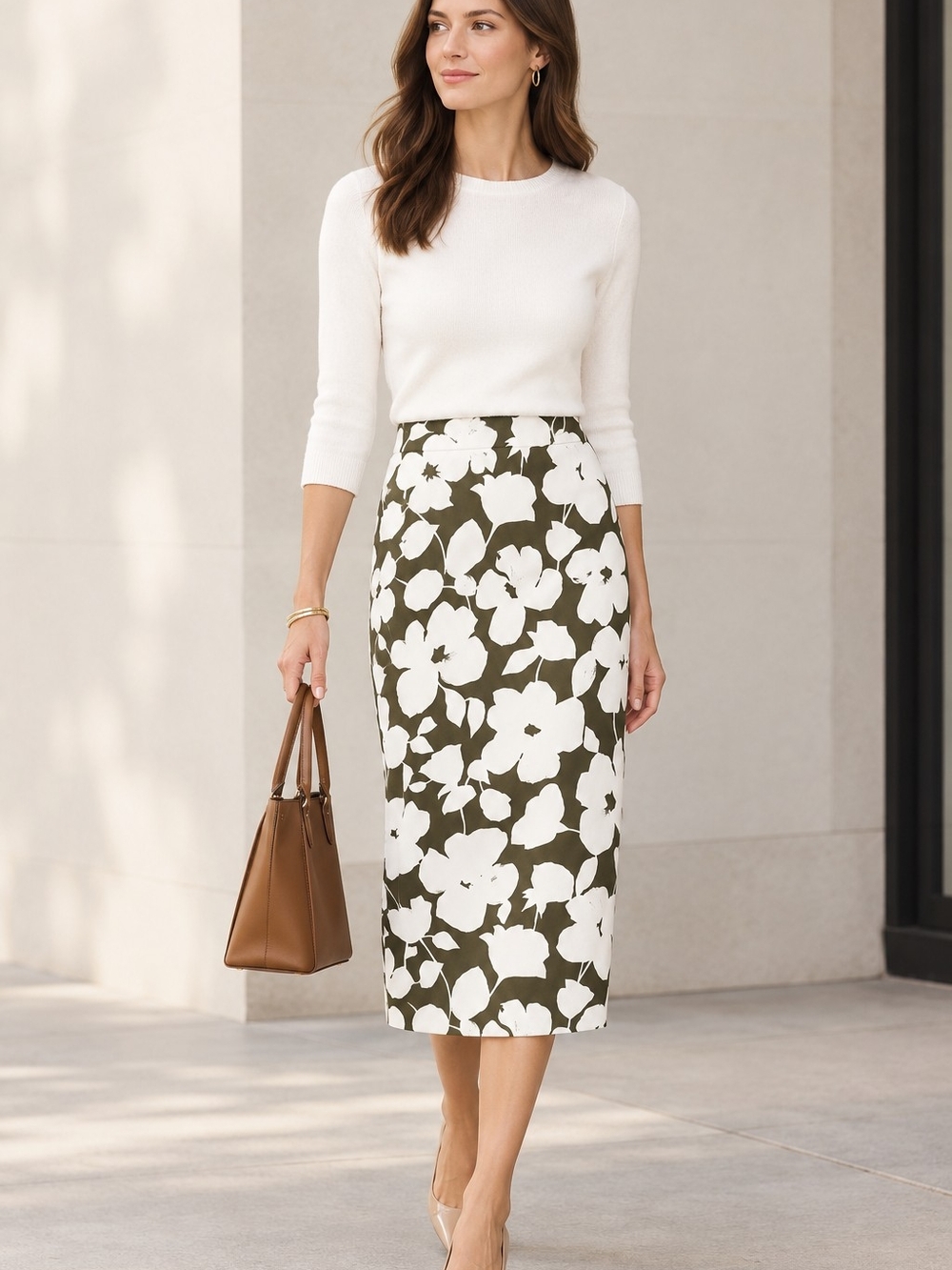 Ann Taylor Olive Floral Midi Pencil Skirt